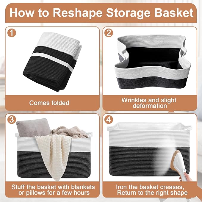 105L XXXL Large Blanket Basket, Rectangular Cotton Rope Basket, Laundry Hamper for Blankets, Pillows, Extra Large Toys Storage Bins for Kids, Dogs 25" x 16" x 16", White & Black