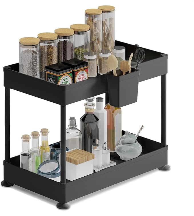 Under Sink Organizers and Storage | Bathroom Cabinet Organizer, Sink Shelf with Utility Hooks and Side Caddy for Under Cabinet Storage | Black (1-Pack) Non Slip Grip Under Kitchen Sink Organizer