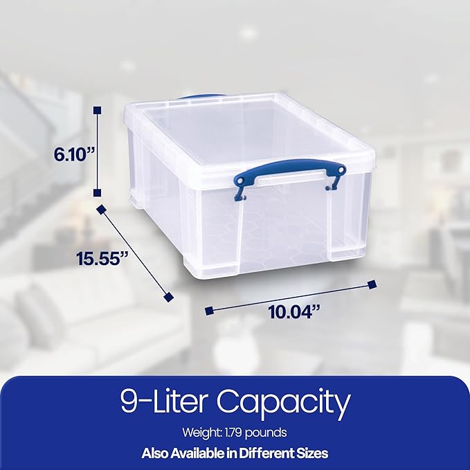 Really Useful Box Stackable 9 Liter Plastic Storage Container Bin with Snap Lid and Built-in Clip Lock Handles for Home & Office Organization (5 Pack)