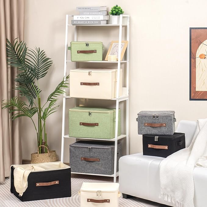 Storage Bins with Zipper Lid Foldable Fabric Lidded Storage Boxes Baskets Cubes Washable Collapsible PU Leather Handle Cotton Linen Fabric Shelf Closet Organizer Container(Gray, Small Size)