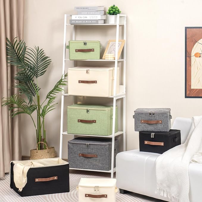 Storage Bins with Zipper Lid Foldable Fabric Lidded Storage Boxes Baskets Cubes Washable Collapsible PU Leather Handle Cotton Linen Fabric Shelf Closet Organizer Container(Green, Small Size)