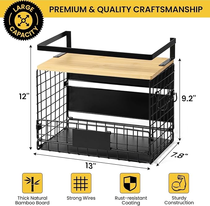 [WIDER SHELF] 2 SET Strong Magnetic Shelf Basket for Fridge with Tag & Bamboo Top, XXL Large Magnetic Spice Rack Shelves for Side of Refrigerator, Kitchen Pantry Storage Organizer for Food Fruit Veg