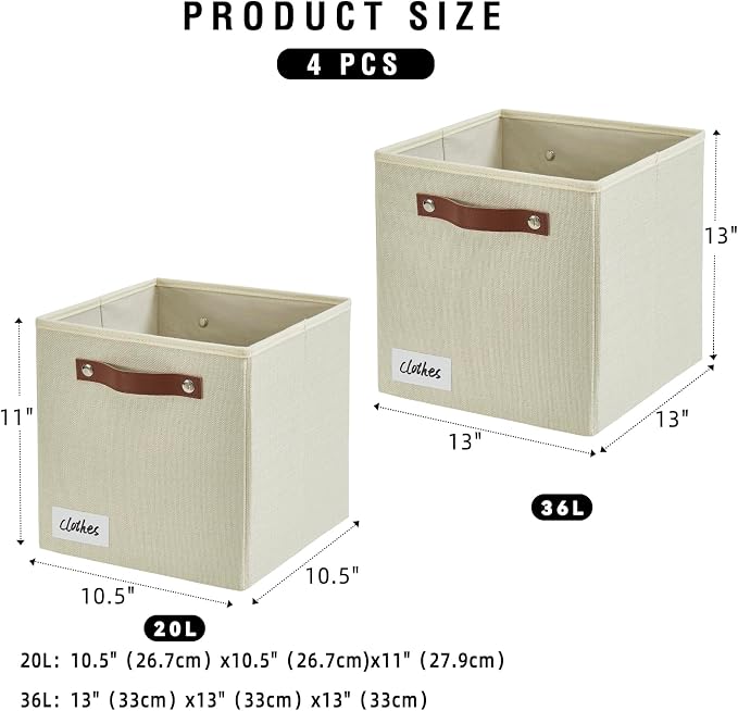 Bagnizer Collapsible Fabric Storage Cube Bins with 2 Reinforced PU Handles, Foldable Storage Organizer Baskets for Closet, Shelves, Living Room | 11"x11"x11", 4 Pack, Full Beige