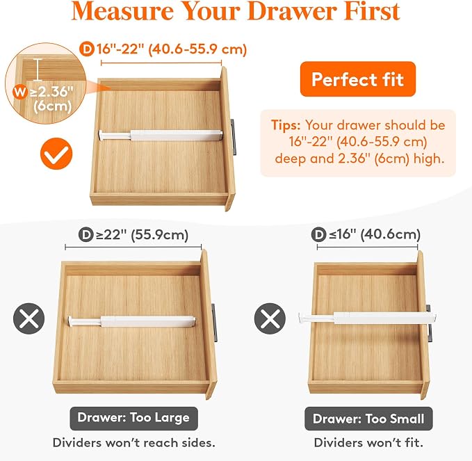Lifewit 8 Pack 2.36" High Drawer Dividers 40-56cm/16-22 Adjustable Drawer Organizer for Clothes/Utensils, Expandable Drawer Separator in Dresser/Kitchen/Bedroom/Office Organization & Storage White
