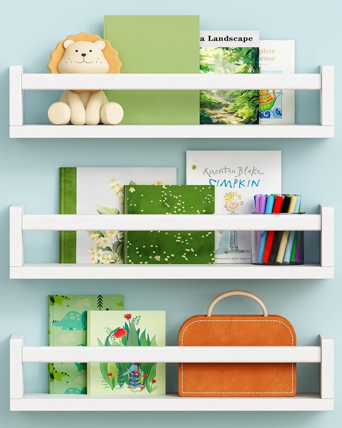 Harwaya White Nursery Floating Book Shelves for Wall Set of 3, Kids Wall Shelves for Baby Room Bedroom, Modern Hanging Bookshelf for Baby Toddler Children Girls Boys Decor and Toys Books Storage