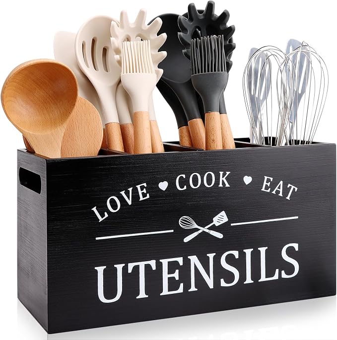 Black Extra Large Wood Cooking Utensil Holder Kitchen Spatula Spoon Holder | Wooden Utensils Caddy for Kitchen Countertop Organizer Rustic Decor Kitchen Counter Tool Holder Farmhouse Utensil Crock