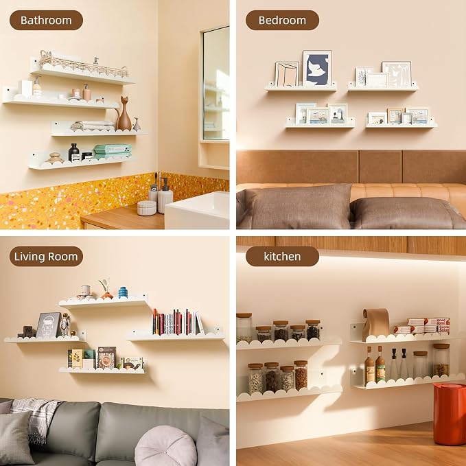Nursery Book Shelves,Kids Bookshelf and Toy Storage,17 Inch Metal Floating Shelves Set of 4,Wall Shelves for Bedroom, Kids Room,Bathroom,Kitchen,Playroom Decor,Nursery Decor (White Metal, 17 inch)