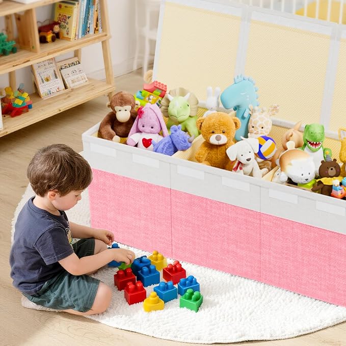 Dayacoco Extra Large Toy Box Chest with Lids, Collapsible Sturdy Kids Toy Storage Organizer Boxes for Boys Girls, Collapsible Sturdy Toys Chest Storage Organizer Bin Basket, Pink