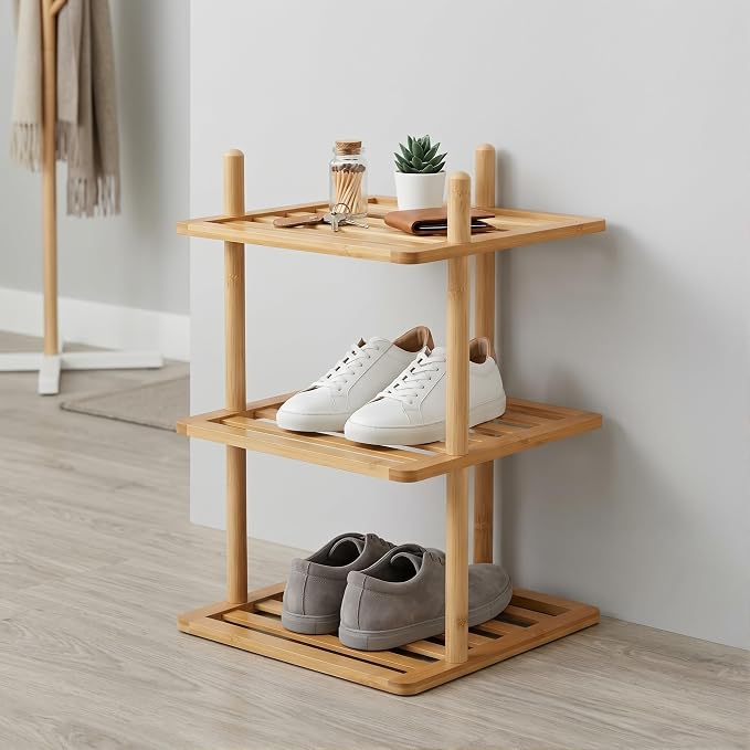 3-Tier Vertical Shoe Rack - Tall Narrow Shoe Rack Organizer for Small Spaces,Bamboo Shoen Shelf for Entryway,Closet,Corner,Doorway,Skinny Shoe Shelf Space Saving Shoe Storage (Natural, 3-Tier)