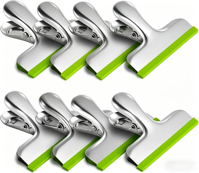 HOUSE AGAIN 8 Pack Stainless Steel Chip Bag Clips Covered with Silicone - NO More Sharp Edges - Color Coded for Food Bags - Air Tight Seal, Heavy Duty for Kitchen and Office, 3 Inches, Green