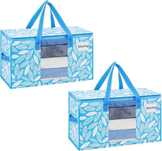 VENO 2 Pack Heavy Duty Moving Bags, Clothes and Comforter Storage Bags with Clear Window, College Dorm Essentials Packing Supplies, Foldable Boxes Alternative (Spring Breeze, 2 Pack)