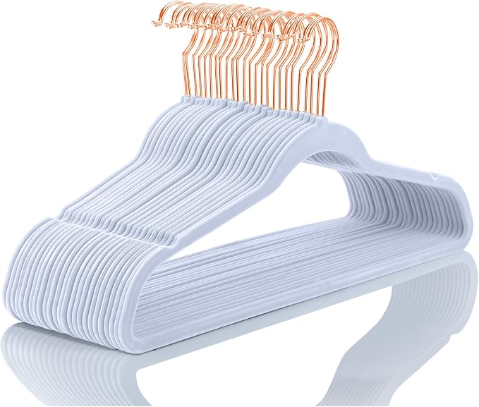 MIZGI Premium Velvet Hangers (50 Pack) Heavy Duty - Non Slip Felt Hangers - Velvet Suit Hangers Light Blue - Rose Gold Hooks,Space Saving Clothes Hangers