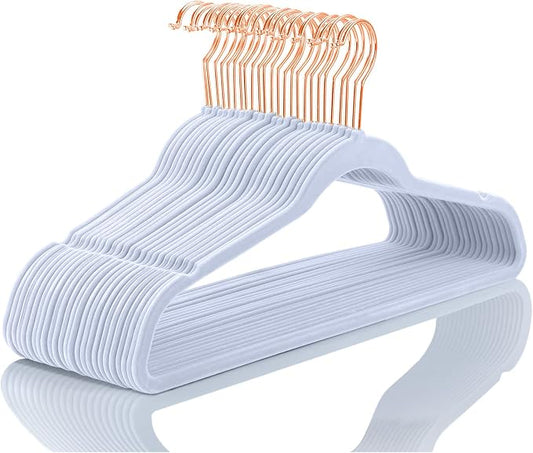 MIZGI Premium Velvet Hangers (50 Pack) Heavy Duty - Non Slip Felt Hangers - Velvet Suit Hangers Light Blue - Rose Gold Hooks,Space Saving Clothes Hangers