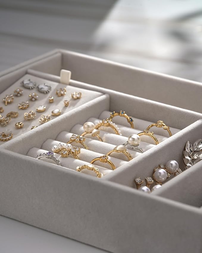 pickpiff 2 Layer Jewelry Box Organizer for Women, Jewelry Organizer with Handle & Removable Tray, Necklace Holder Ring Earring Storage, Velvet Lined Jewelry Case for Home or Travel, Gift Ready, Beige