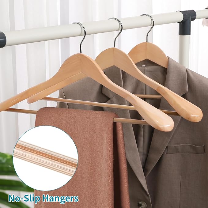 ABHENG Solid Wood Suit Hangers, 6 Pack, Coat Hangers with Non Slip Trouser Bar, 360° Swivel Hook, Heavy Duty Wide Hangers for Suit, Coat, Jacket, Trousers, Pants,17.3" W x 9" H, Natura AWY0406N