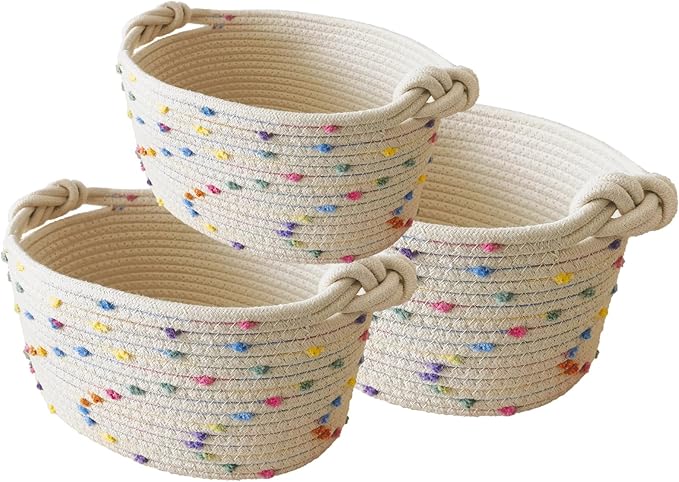 Esme L&H Small Woven Rope Storage Baskets for Organizing, Set of 3 Small Decorative Basket Organizer for Storage, Cute Rainbow Storage baskets, bins, Box for Baby nursery,Toys, Shelves, Closet...