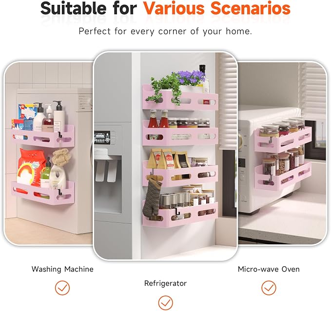 Sevenblue 4-Pack Magnetic Spice Rack for Refrigerator with Hooks, Pink | Strong multipurpose magnetic shelf for kitchen & bathroom organization. Includes 4 removable hooks for hanging items.