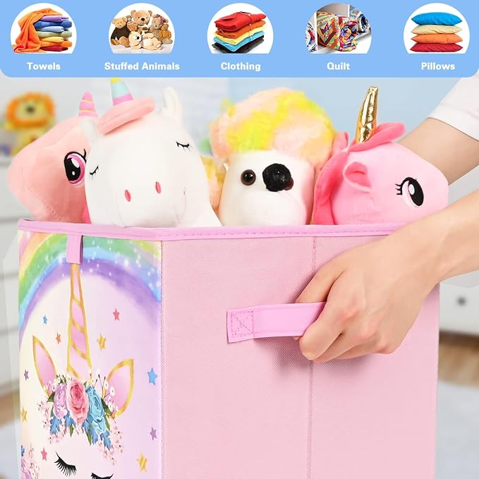 WERNNSAI Cube Storage Bins - 4 Pack Fabric Foldable Storage Cube Organizer for Kids Decorative Storage Baskets with Handles 11" x 11" Home Closet Nursery Room Bedroom (Unicorn)