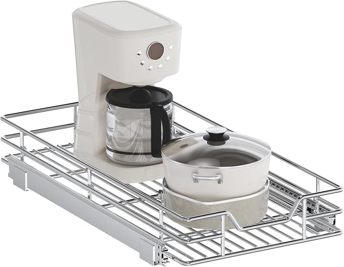 Pull Out Cabinet Organizer, 12.5" W x 21.5" D, Heavy Duty Chrome Slide Out Shelf for Narrow Base Cabinets, Sliding Wire Basket Drawer for Spices, Bottles, Snacks & Cleaning Supplies