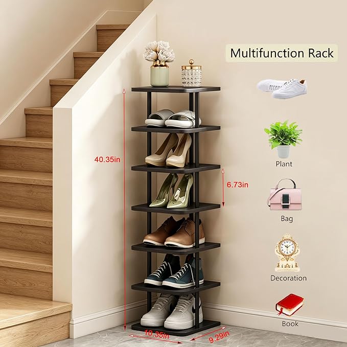 SORCEDAS 7 Tiers Vertical Shoe Rack Wooden Shoe Storage Organizer for Space Saving Narrow Shoe Shelf Storage 7 Pairs for Entryway Living Room Bedroom(Black + Rustic Dark Brown)
