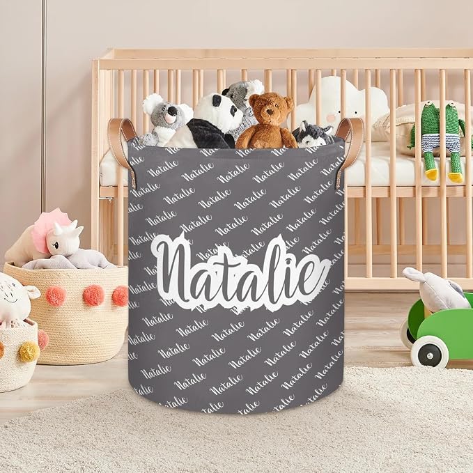 Personalized Laundry Basket, Custom Gift Laundry Hamper, Collapsible Nursery Waterproof Laundry Baskets, Dirty Clothes Toy Hamper with Handles Name Gray