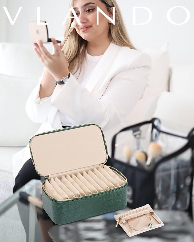 VLANDO Jewelry Travel Case,Travel Jewelry Organizer with Clear Velvet Jewelry Bags 12Pcs Zipper Pouch for Women Girl Gift-Green