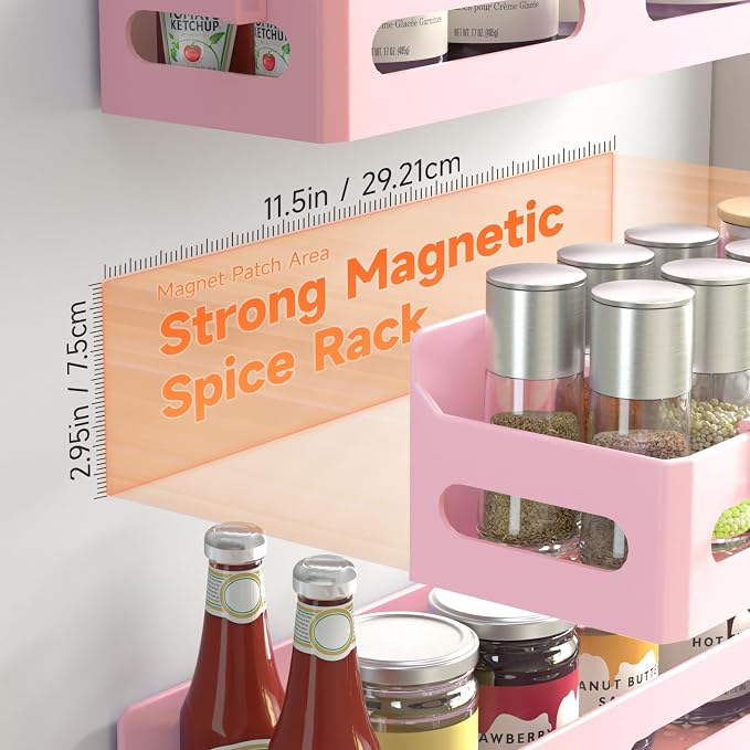 Sevenblue 4-Pack Magnetic Spice Rack for Refrigerator with Hooks, Pink | Strong multipurpose magnetic shelf for kitchen & bathroom organization. Includes 4 removable hooks for hanging items.