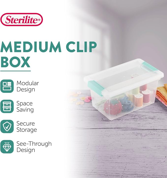 Sterilite 12-Pack Clip Box, Stackable Clear Plastic Bins with Latching Lids, Medium - Writing, Arts or Crafts Supplies Storage Containers for Home, Office, Classroom and Workshop Organization