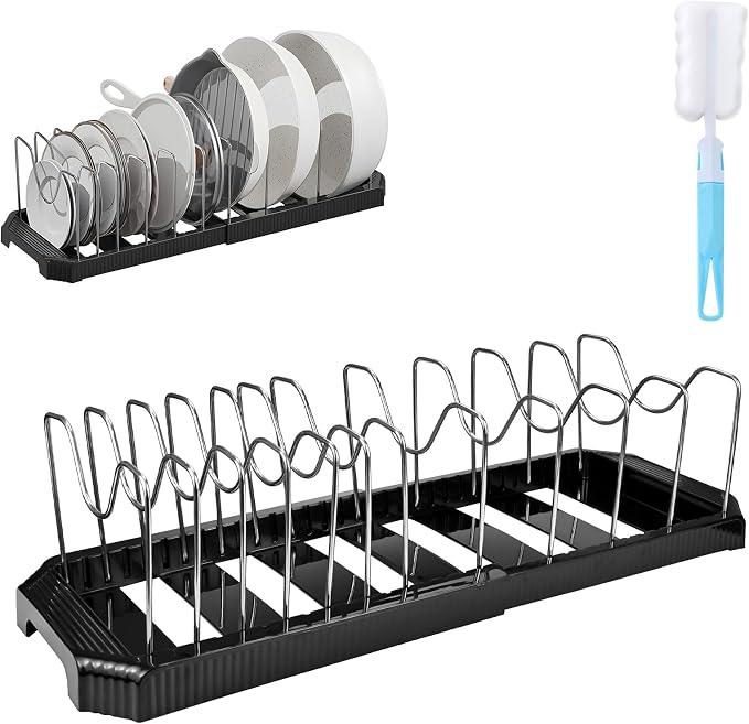 Expandable Pot Rack Organizer, 12 Adjustable Compartments, Pot and Pan Organizer Rack for Cabinet with Cup Brush Dividers, 13 -22" Wide Adjustable Pan Organizer - Pantry Countertop Storage (Black)