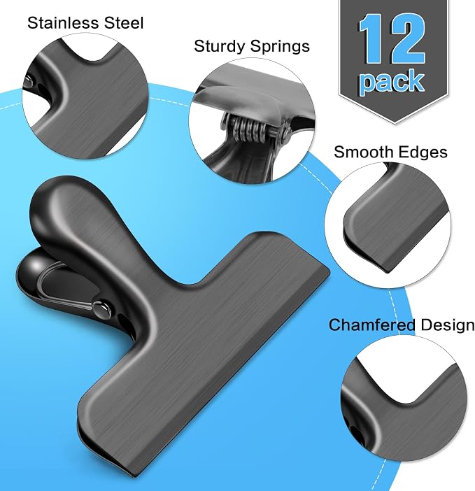 24 Pack Chip Clips, Stainless Steel Bag Clips for Food, Chip Bag Clip Heavy Duty, Food Clip Ideal for Kitchen Office Storage (Black)