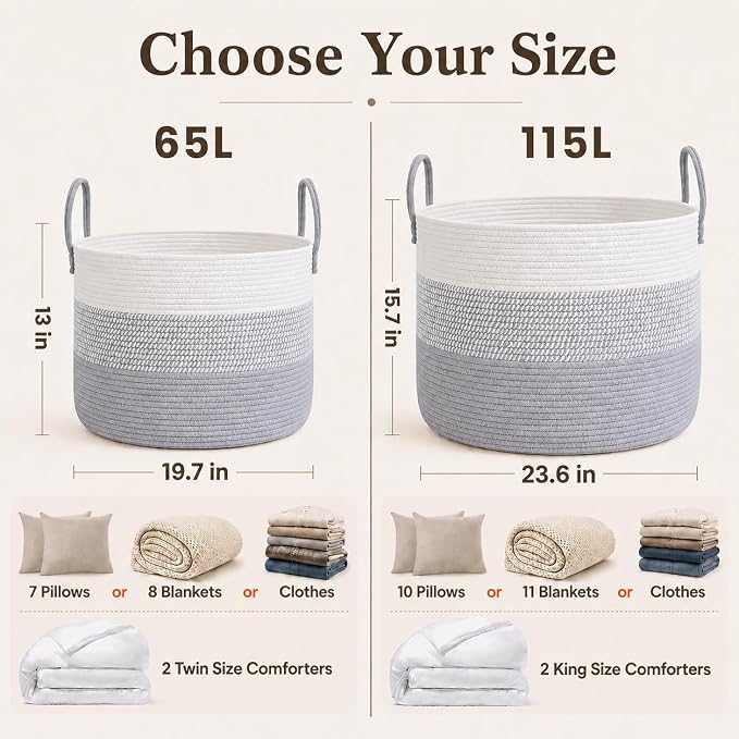 JMvicyroam 65L Extra Large Blanket Basket for Living Room - Woven Cotton Rope Laundry Hamper with Reinforced Handles - Storage Bin for Pillows, Comforters & Toys - Machine Washable,White&Grey Mix