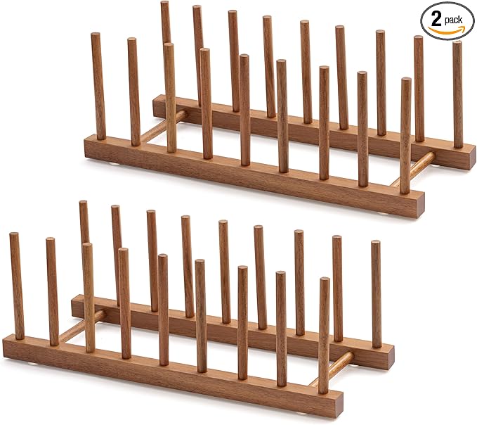 HBlife 2pcs Acacia Wooden Dish Dying Rack Pot Lid Plate Organizer Holder for Cabinet, Cutting Board Stand Drainer Storage Plate Rack for Dish, Pot Lid, Bowl, Cup, Cutting Board and Books