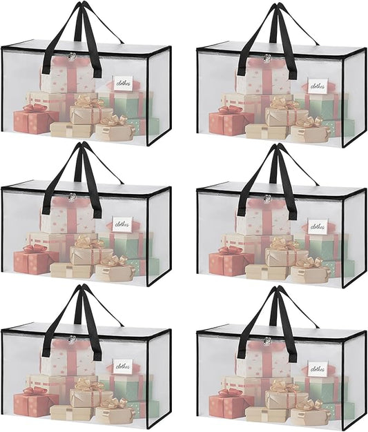 6 Pack Extra Large Heavy Duty Clear Moving Bags with Reinforced Zippers & Wide Carry Handles, See-Through Storage Totes for Clothes Packing, Dorm Moves & Home Organization