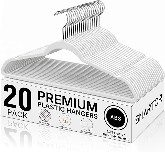 SMARTOR Plastic Hangers 20 Pack - Thin Hangers for Space Saving - White | Heavy Duty for 11Lbs Clothes, Swivel Hook, Non Slip Notches for Camisole, 0.2" Thin for Small Closet, Durable and Flexible