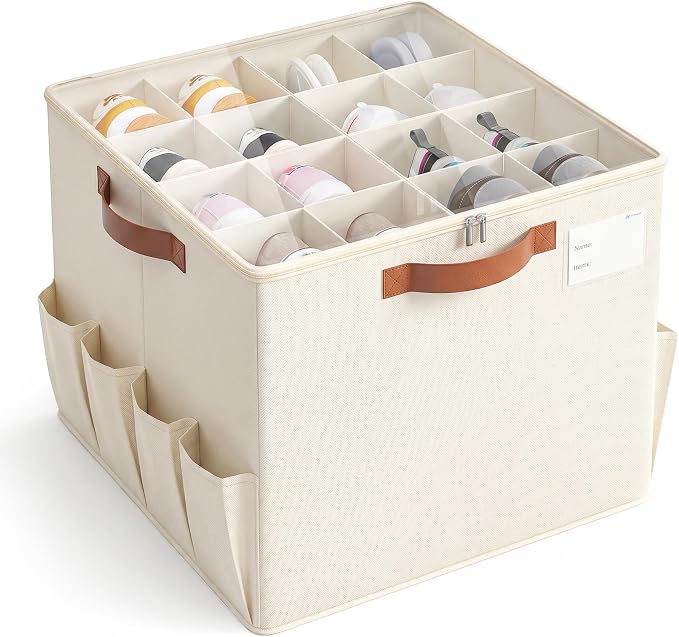 Varhomax Shoe Organizer Box for Closet, Fabric Shoe Storage Bin with Adjustable Dividers & Clear Cover, Holds up 16-32 Pairs of Sneakers & Sandals for Entryway, Cubby