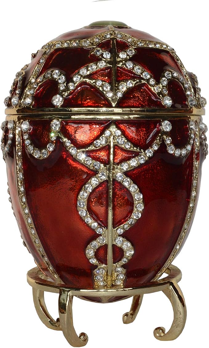 Dark Red Russian Faberge Egg Trinket Box Jewelry Box Hand Painted Decorative Box with Hinged Lid Ring Earring Holder Easter Egg Collectible