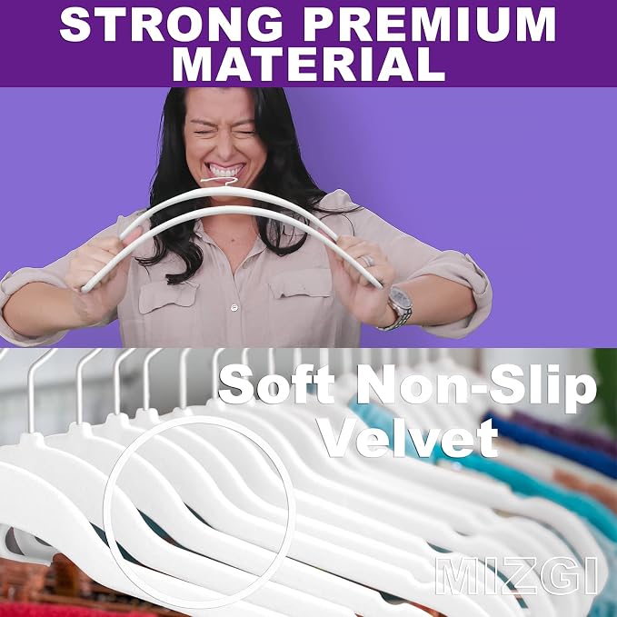 MIZGI Premium Velvet Hangers - Heavy Duty (60 Pack) with Non Slip Felt - Space Saving Velvet Suit Hangers (White, White Coated Hooks)
