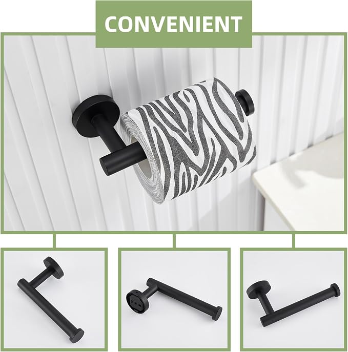 Bathroom Hardware Set 4-Piece Matte Black, Angle Simple Stainless Steel Bathroom Accessories with Towel Hook x 2, Toilet Paper Holder and Rotary Towel Ring, Wall Mount
