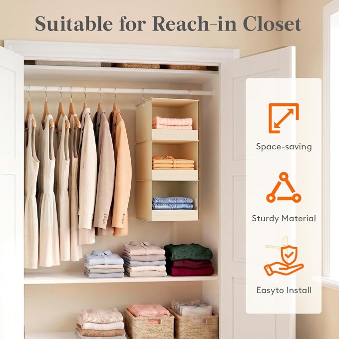 Lifewit 3 Tier Hanging Closet Organizer and Storage, Foldable Hanging Closet Shelves with 2 Sturdy Hooks, Clothes Organization for Sweater/Shoes/Coat, for Wardrobe, Bedroom, RV, Beige, 1 Pack