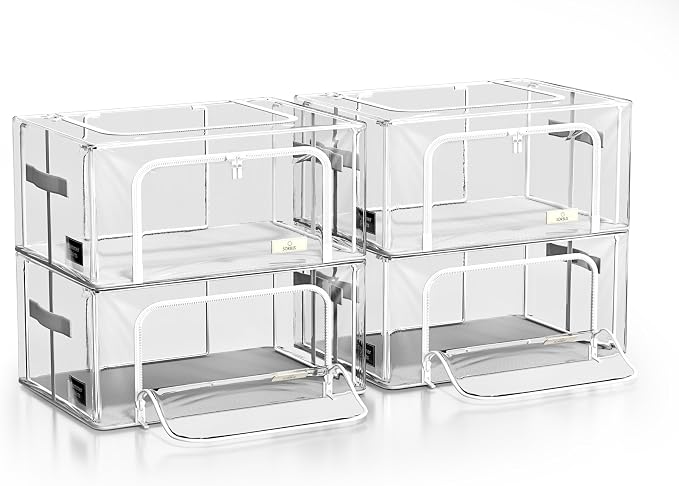 Sorbus Storage Bins with Metal Frame - Stackable & Foldable Clothes Organizer Bags - Clear Soft Plastic Storage Containers (4 Pack, Small)