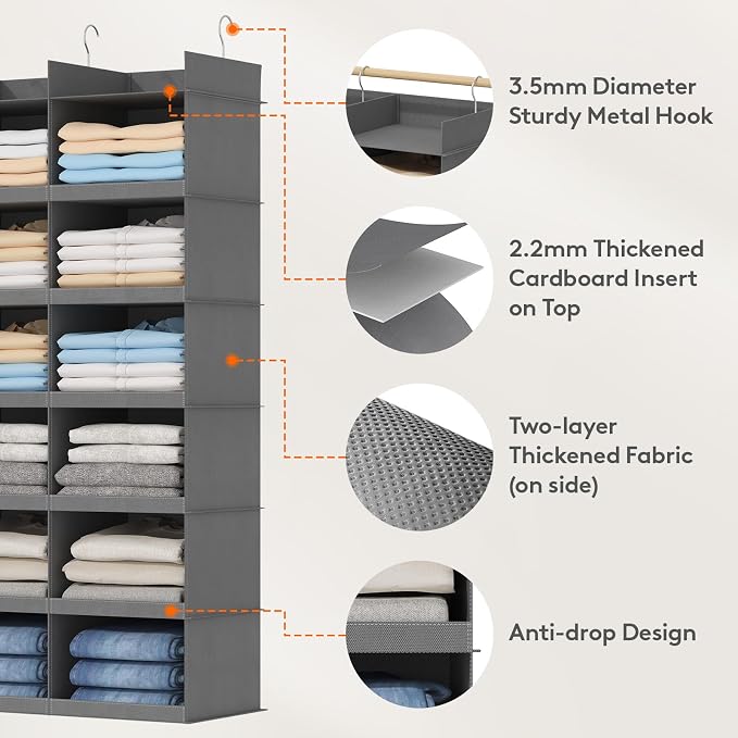 Lifewit Dual-Row Shelf Hanging Closet Organizer and Storage, Clothes Shelves with 3 Sturdy Hooks for Clothing Organization, Foldable Container Hold Up to 24 Sweaters, 4 Tier 8 Sections, Gray
