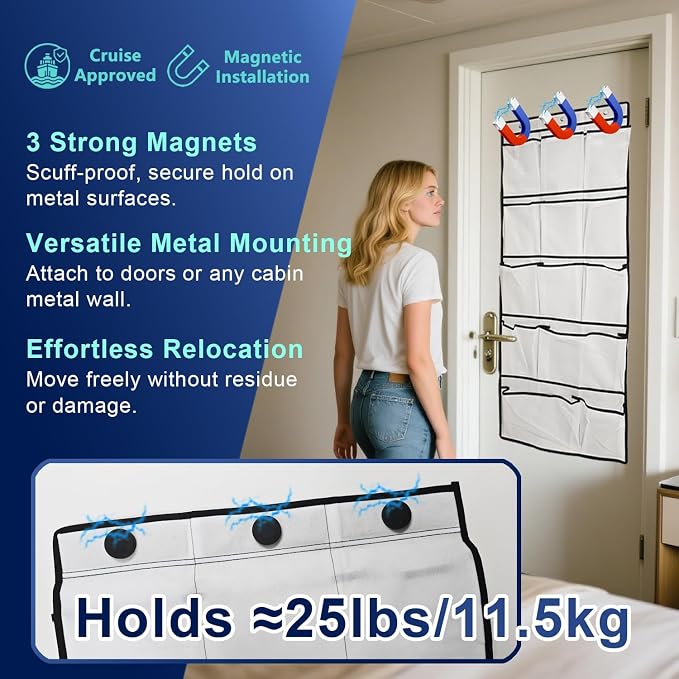 Magnetic Cruise Door Organizer – 13-Pocket Hanging Storage with 2 Large Shoe Pockets, No Hook Needed, Includes 3 Bonus Hooks, 2025 2026 Cruise Ship Essentials for Cabin, Bathroom, or Closet Use