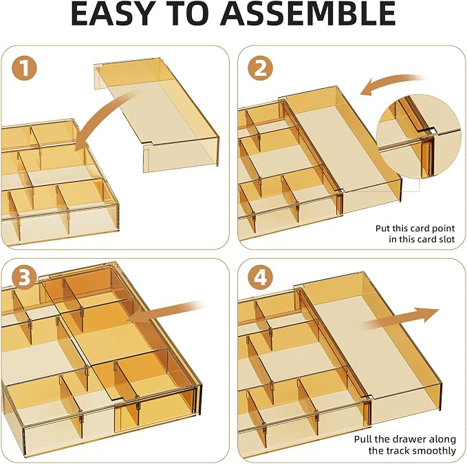 Marbrasse Expandable Desk Drawer Organizer, Clear Plastic Drawer Organizer Tray with 10 Adjustable Compartments, Desk Organizers and Accessories, 5 Drawer Dividers for Office Supplies(Clear Champagne)