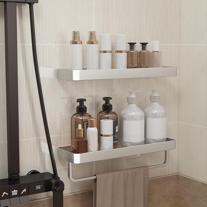 Danpoo 16-Inch Silver Floating Bathroom Shelves with Towel Bar, Clear Tempered Glass Wall Shelf 2-Pack – Versatile Bathroom Organizer Set