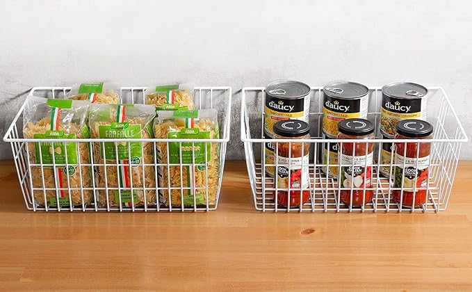 Redrubbit Wire Storage Baskets, Large Farmhouse Metal Freezer Basket Storage Organizer Bins with Handles for Kitchen Cabinets, Pantry, Closets, Bedrooms, Bathrooms, Set of 4, White