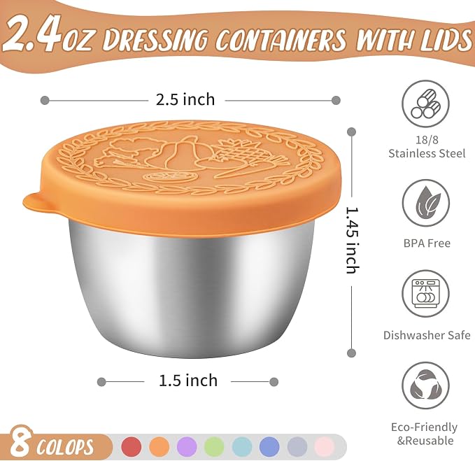 8 Pack - 2.4 Oz Small Salad Dressing Containers To Go, Sauce Cups with Lids | Food-grade stainless steel, leakproof reusable, BPA-free silicone, for lunch boxes, Kitchen storage, Picnic & meal prep