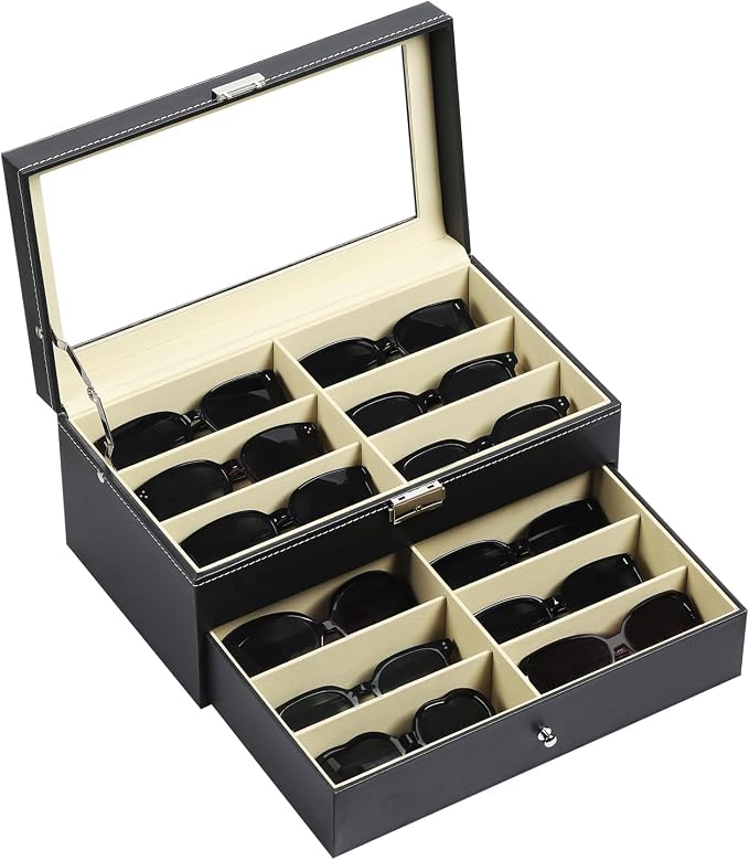 AUTOARK Leather 12 Piece Sunglass Storage Display Case,Black,AW-023 | Eyeglasses Organizer,Drawer Style,Lockable,Glass Top