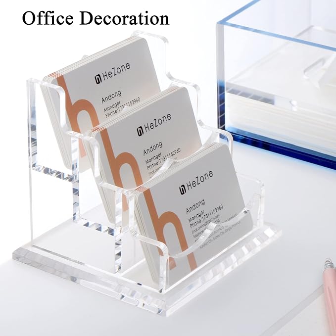 HeZone Business Card Holder for Desk 3 Slots 3 Tier, Clear Acrylic Cards Display Stand, Cards Organizer for Women and Men, Hold 150 Cards-Horizontal 3 Slots