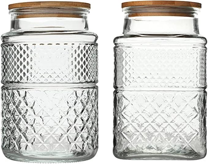 Large Glass Storage Jar, 2 Pack 60 FL OZ Glass Food Storage Containers with Bamboo Lid, Kitchen Laundry Room Organization Jar for Cookies Coffee Flour Sugar Laundry Pods Detergent Airtight Glass Jars