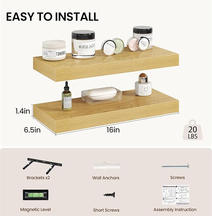 Vivelove 16 Inch Floating Shelves Wall Mounted for Display, 6.5 Deep Duty Shelves with Invisible Brackets for Living Room,Bedroom,Kitchen, Bathroom Storage & Decor,16" Wx6.5 Dx1.4 H - Oak
